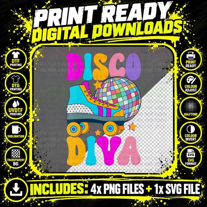 Roller Skating Disco Diva Skate Girl 70s Retro Png SVG Digital Bundle