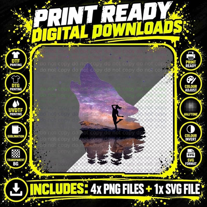 Running Girl ~ Beautiful Wolf, Stars & Forest Mountain Png SVG Digital Bundle
