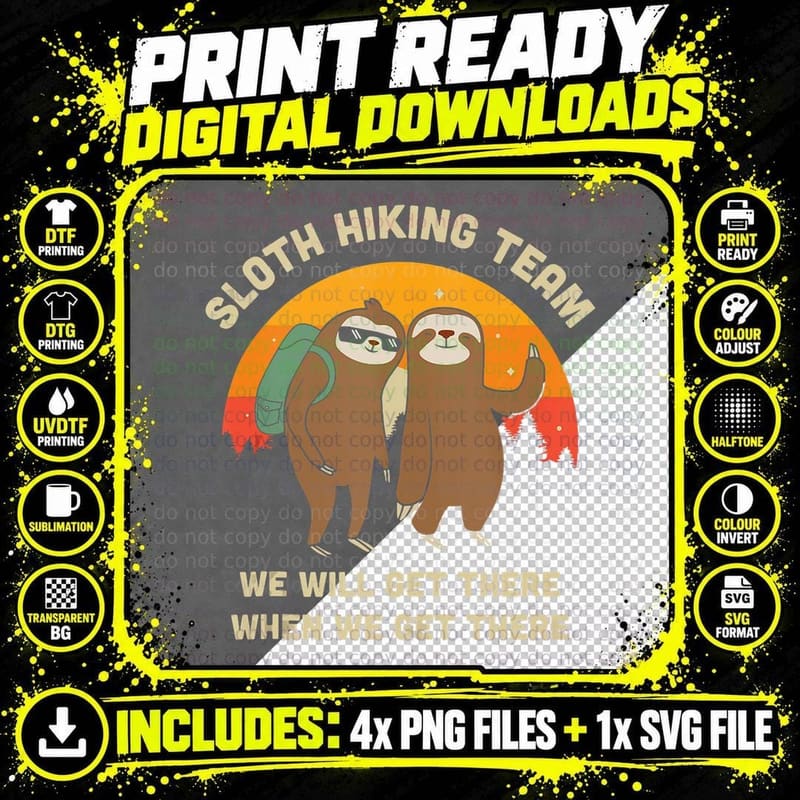 Sloth Hiking Team - Funny Vintage Gift, Humor T-Shirt Png SVG Digital Bundle