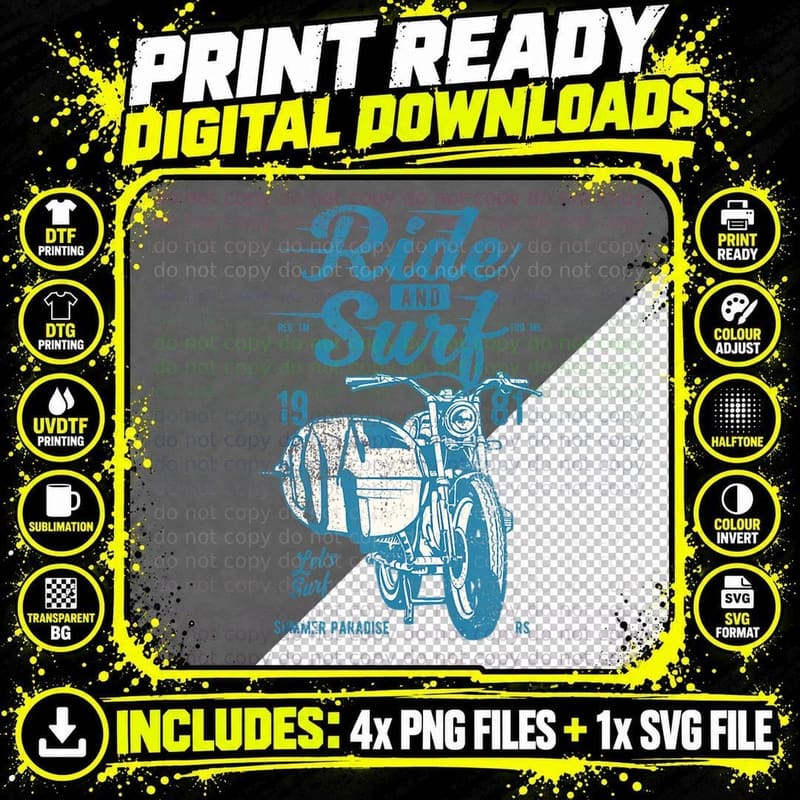 Surf and Ride Board Motorcycle Vintage 1981 Distressed Png SVG Digital Bundle