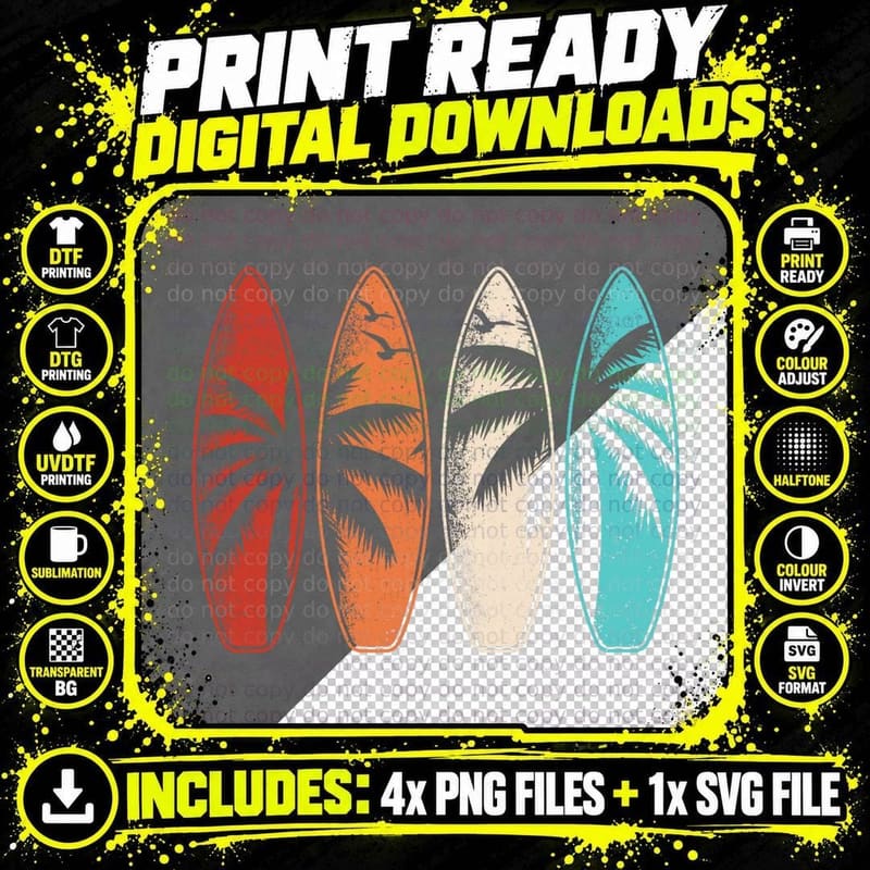 Tropical Hawaii Palm Tree Surfing Beach Surfboard Retro Png SVG Digital Bundle