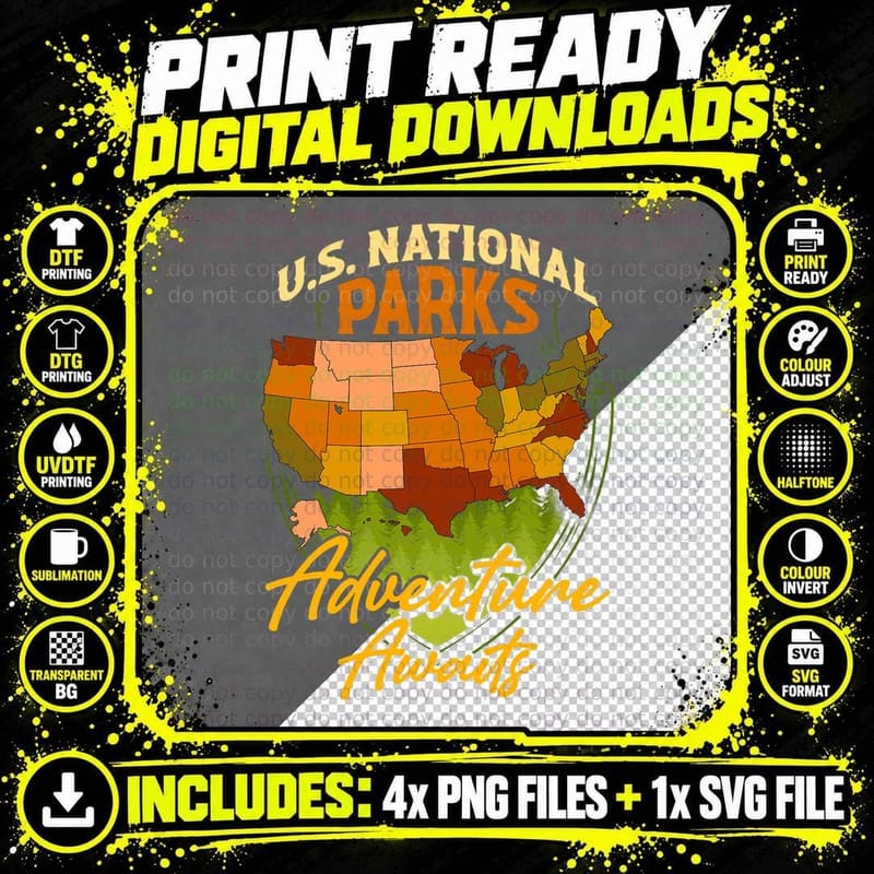 US National Parks Map Preserve Protect Hiking Camping Png SVG Digital Bundle