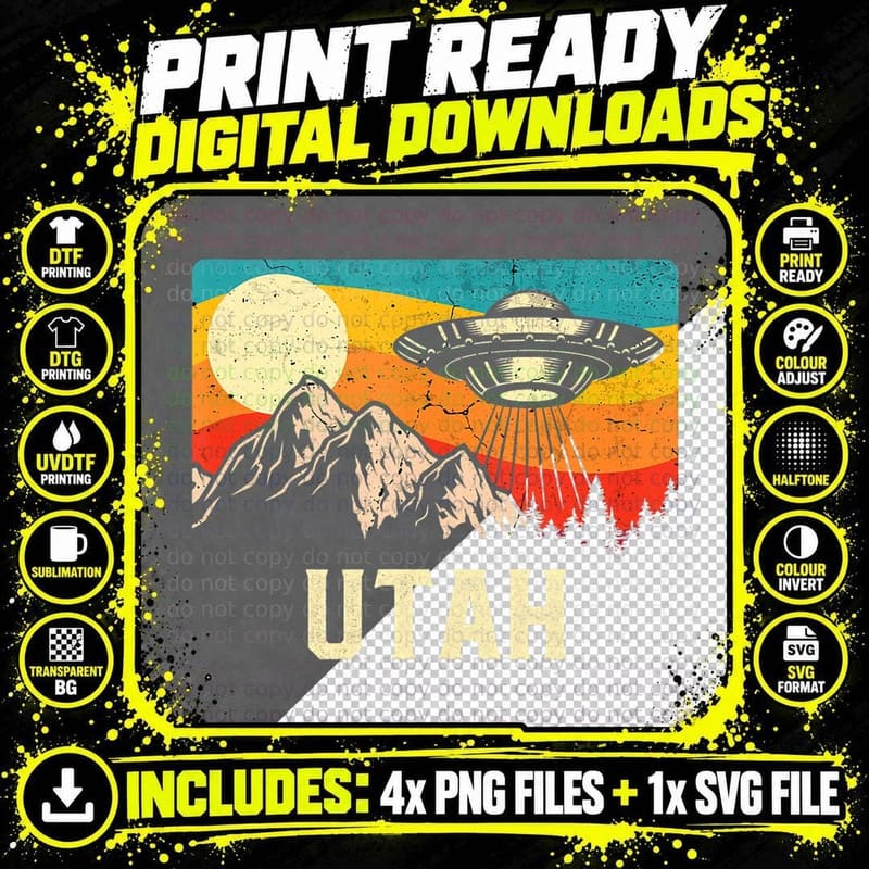 Utah UFO Alien Spaceship Mountains Retro Hiking Png SVG Digital Bundle