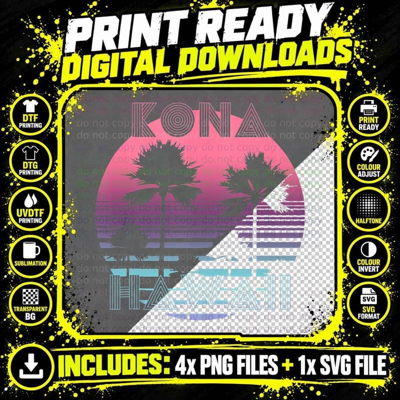 Vaporwave Kona Hawaii Sunset Sun Surf Throwback Retro Png SVG Digital Bundle