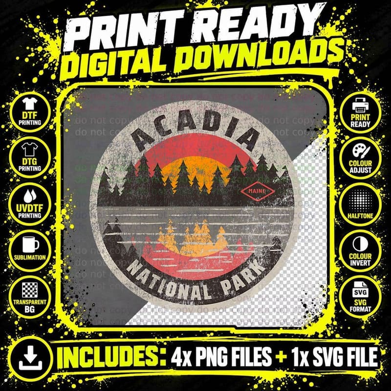 Vintage Acadia National Park Maine Camping Hiking Png SVG Digital Bundle