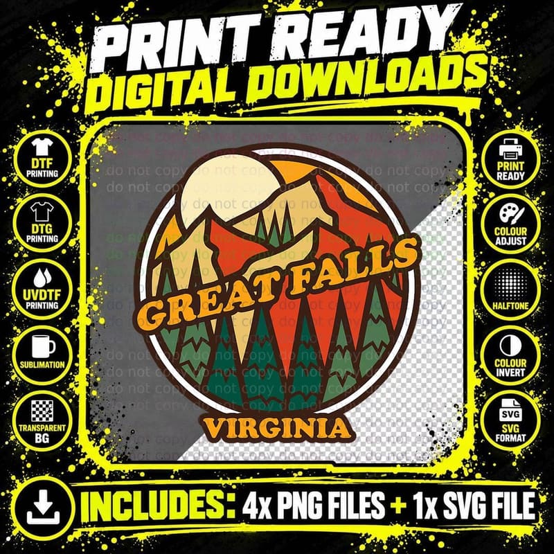 Vintage Great Falls, Virginia Mountain Hiking Souvenir Png SVG Digital Bundle