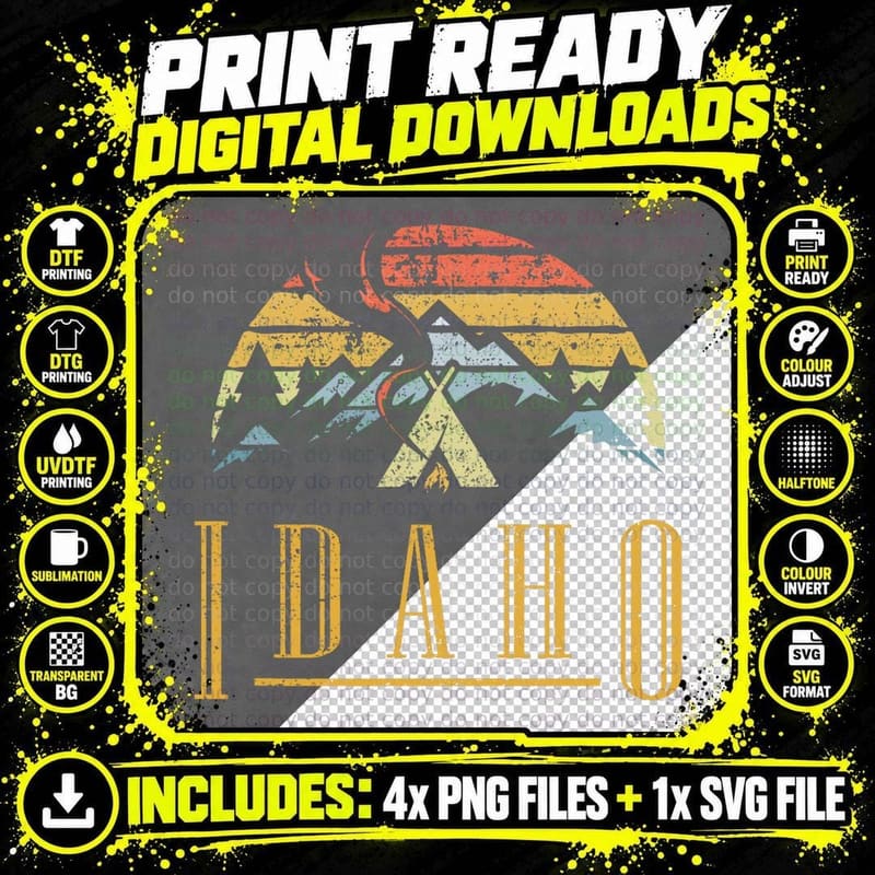 Vintage Idaho Mountains Camping Campfire Retro T T-Shirt Png SVG Digital Bundle