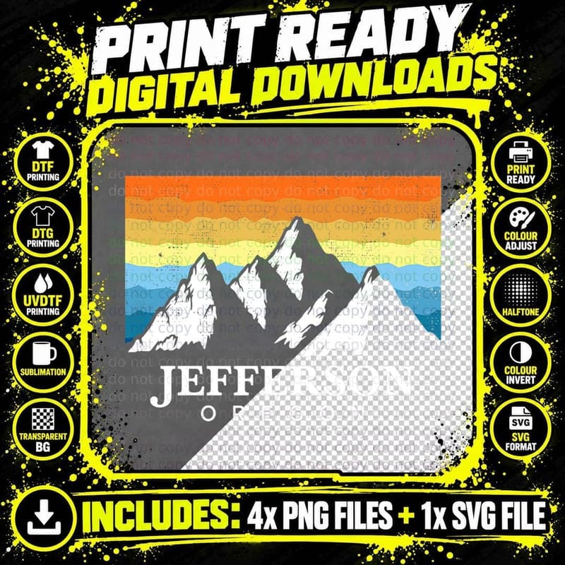 Vintage Jefferson, Oregon Mountain Hiking Souvenir Print Png SVG Digital Bundle