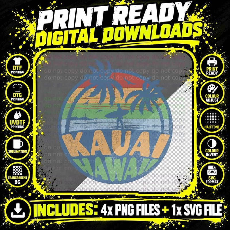 Vintage Kauai Hawaii Beach Surfing 70s Surf Retro Png SVG Digital Bundle