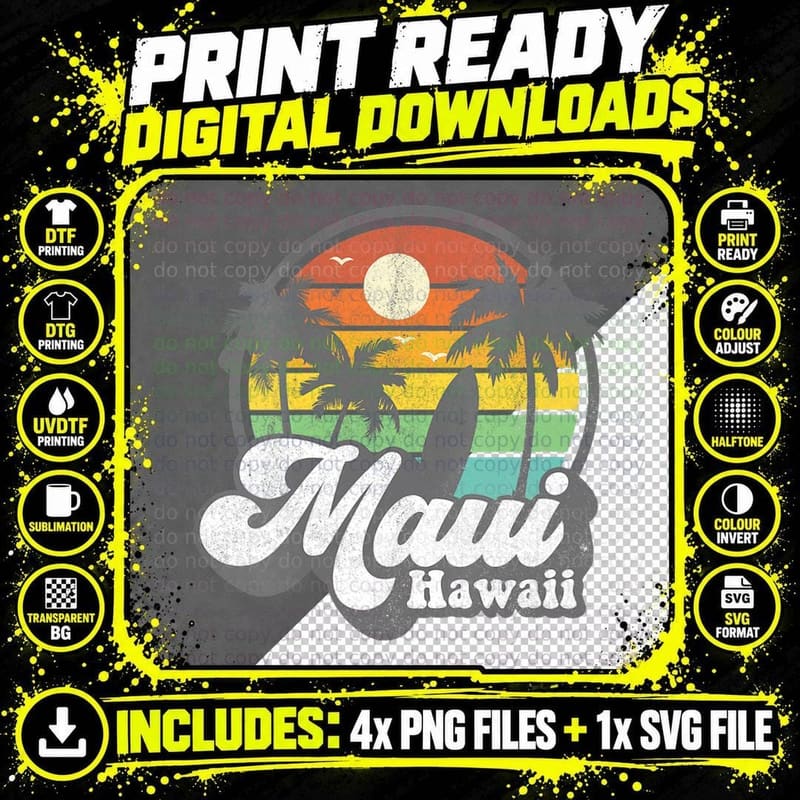 Vintage Maui Hawaii Hawaiian Beach Surfing 70's Surf Png SVG Digital Bundle