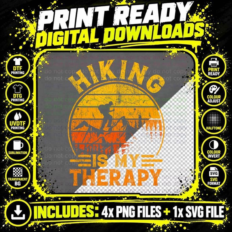 Vintage Retro Hiking Is My Therapy Mountain Hiking Top Png SVG Digital Bundle