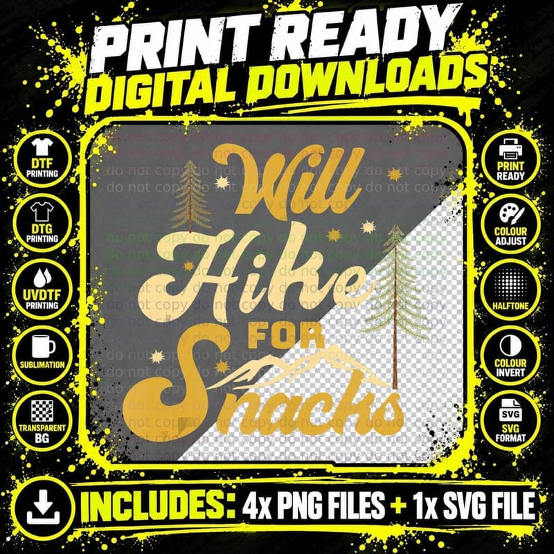 Will Hike for Snacks, Funny Hiking Shirt, Graphic Png SVG Digital Bundle