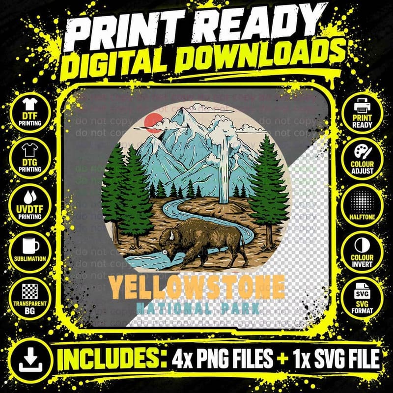 Yellowstone National Park Bison Hiking Camping Outdoor Png SVG Digital Bundle