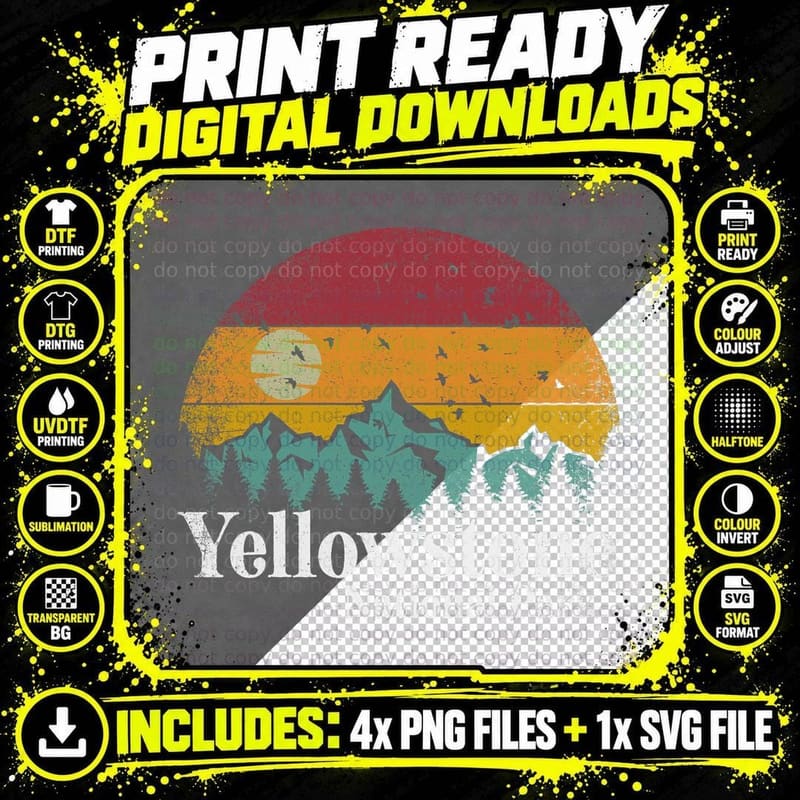 Yellowstone National Park Mountains Retro Hiking Camping Png SVG Digital Bundle