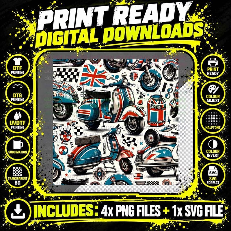 1960S Mod Vespa Scooter Pattern T-Shirt Png SVG Digital Bundle