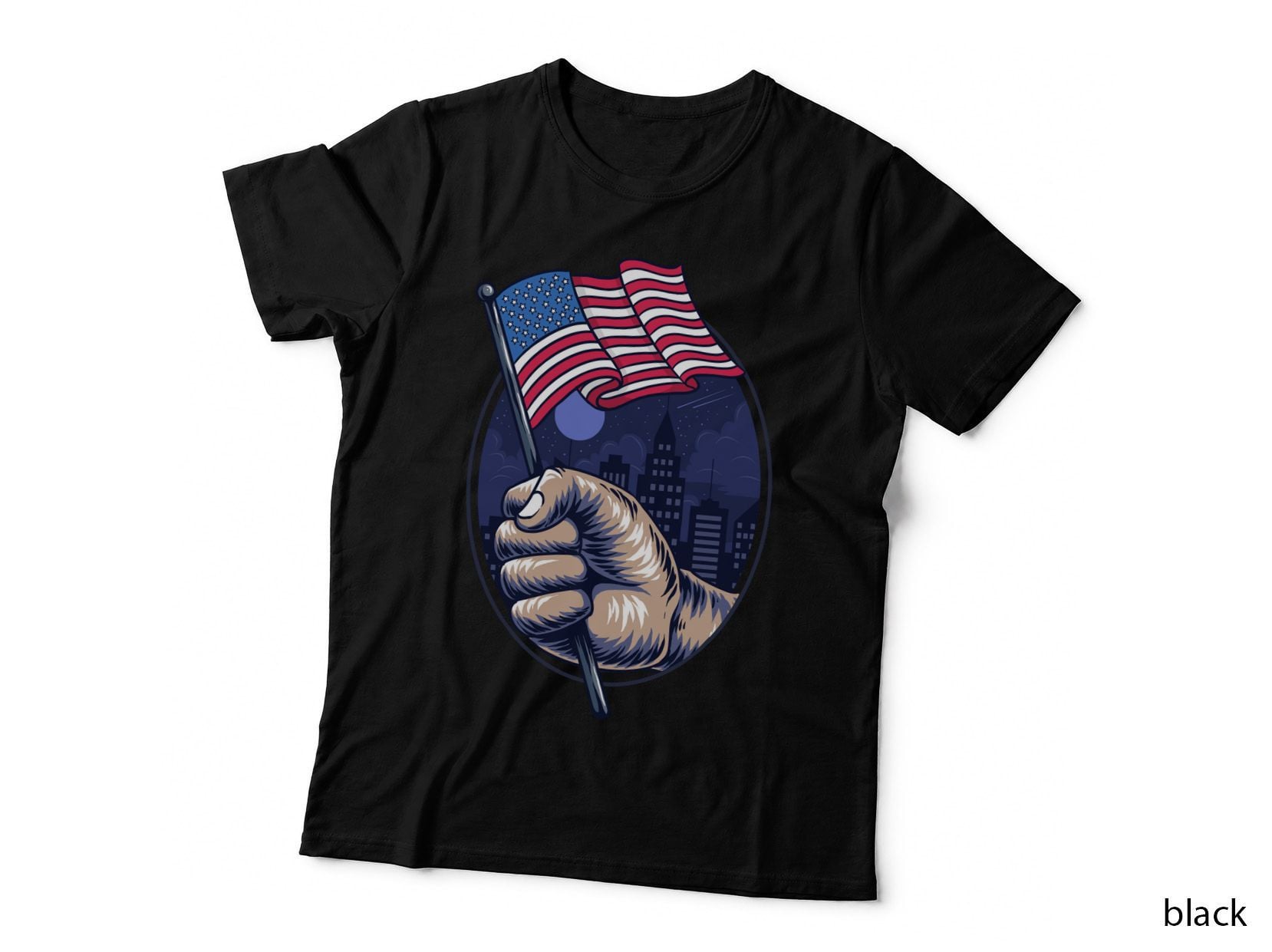 American Patriot Fist with US Flag Cityscape Patriotic Power T-Shirt