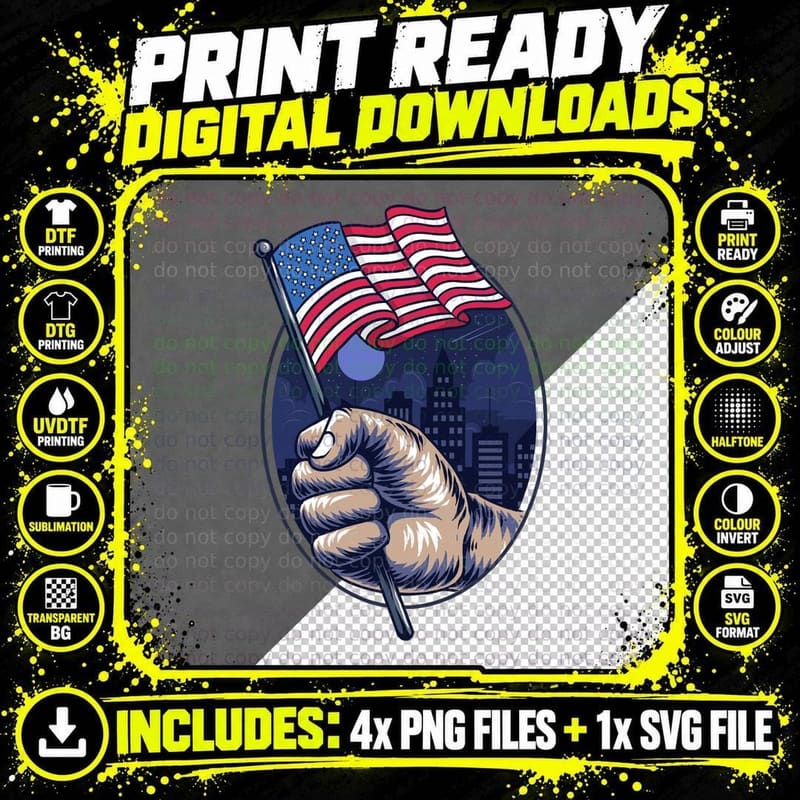 American Patriot Fist with US Flag Cityscape Patriotic Png SVG Digital Bundle