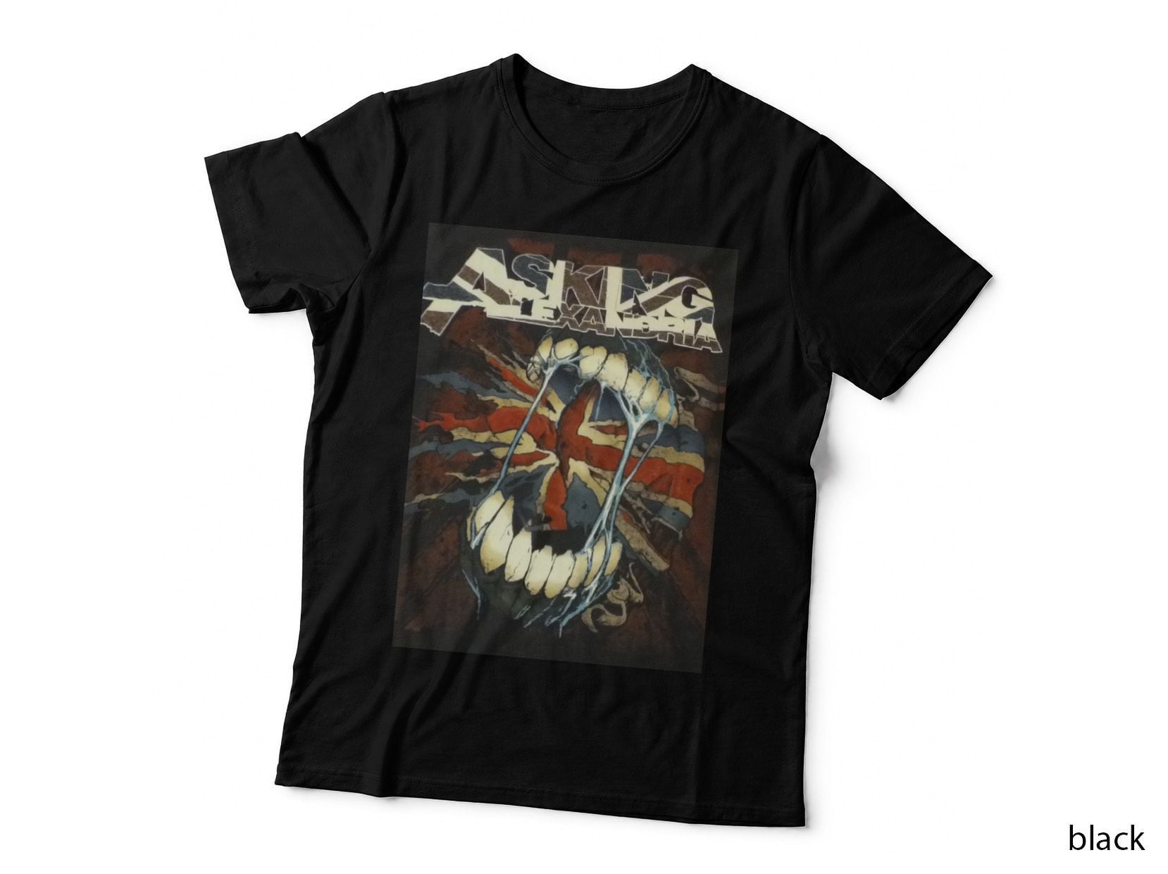 Asking Alexandria Fanged Mouth and Jaws Union Jack Flag Distressed Red T-Shirt