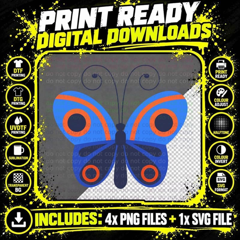 Blue Orange Eye Butterfly Navy Concentric Circles Spots Png SVG Digital Bundle
