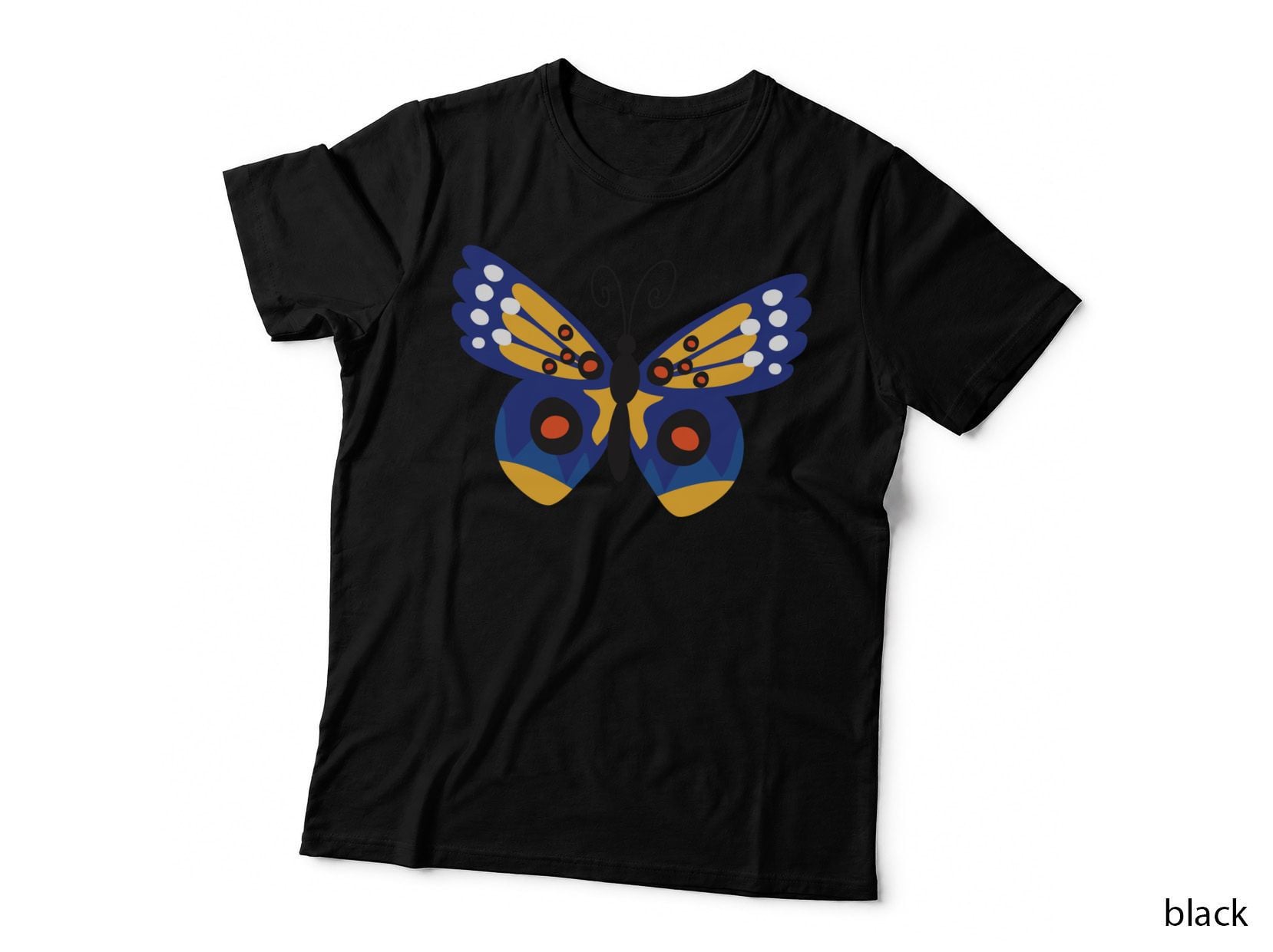 Blue Orange Yellow Butterfly Navy Spot Pattern T-Shirt