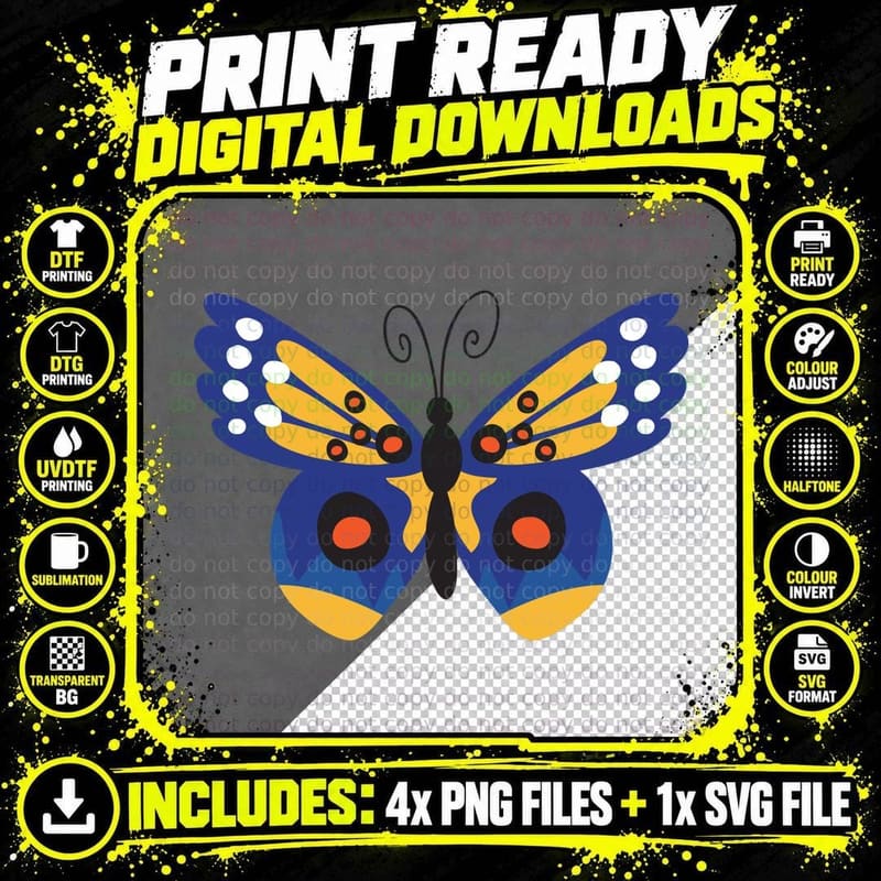 Blue Orange Yellow Butterfly Navy Spot Pattern T-Shirt Png SVG Digital Bundle