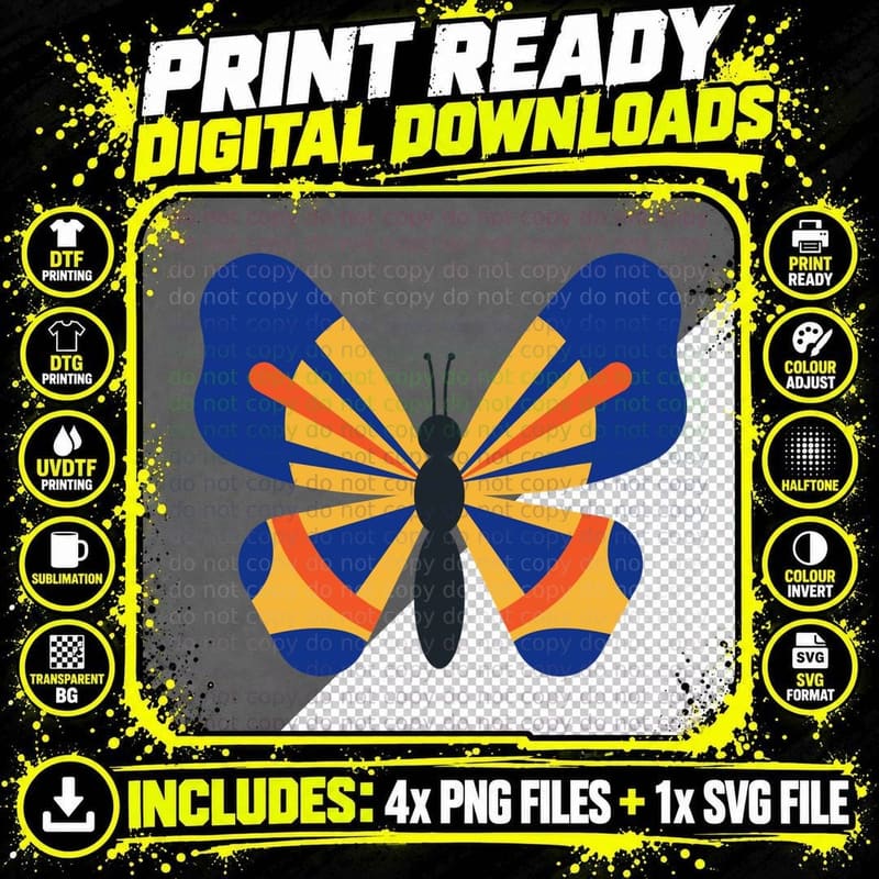 Blue Yellow Butterfly Navy Orange Geometric Stripe Png SVG Digital Bundle