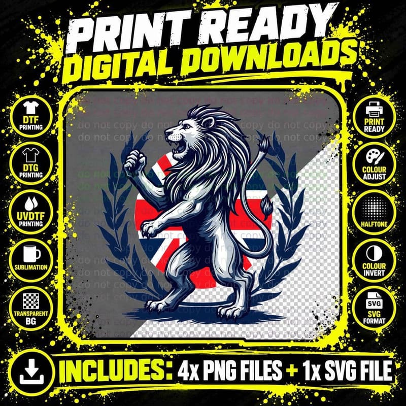 British Union Jack Lion Graphic, Regal Crest Patriot UK Png SVG Digital Bundle