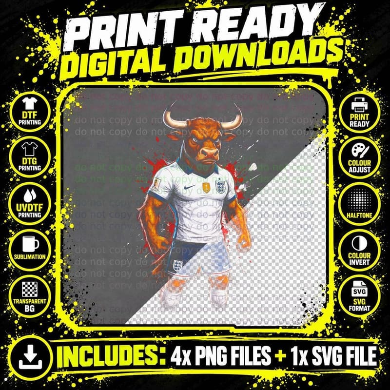 Bull Mascot Footballer White England Kit Three Lions Png SVG Digital Bundle