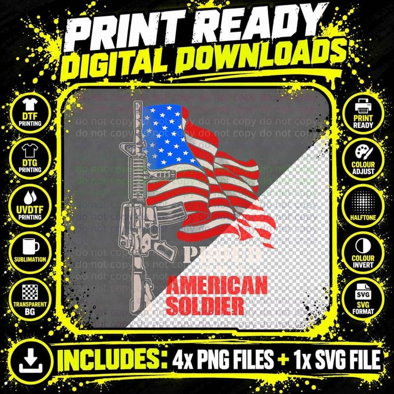 Cartoon Proud to Be an American Soldier Red White Blue Png SVG Digital Bundle
