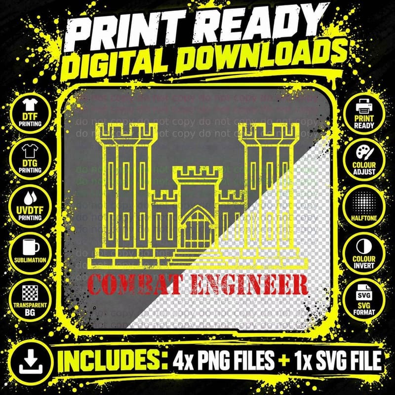 Combat Engineer Military Castle Circuit Board Yellow Png SVG Digital Bundle