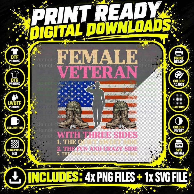 Female Veteran with Three Sides. the Quiet Sweet Side. Png SVG Digital Bundle