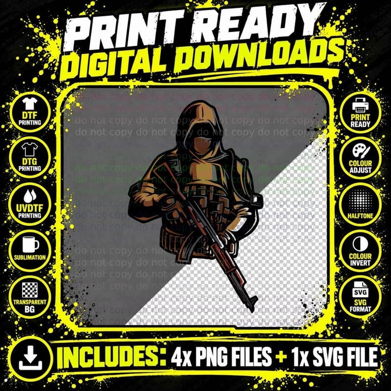 Hooded Soldier Military Figure Rifle Brown Tactical Png SVG Digital Bundle