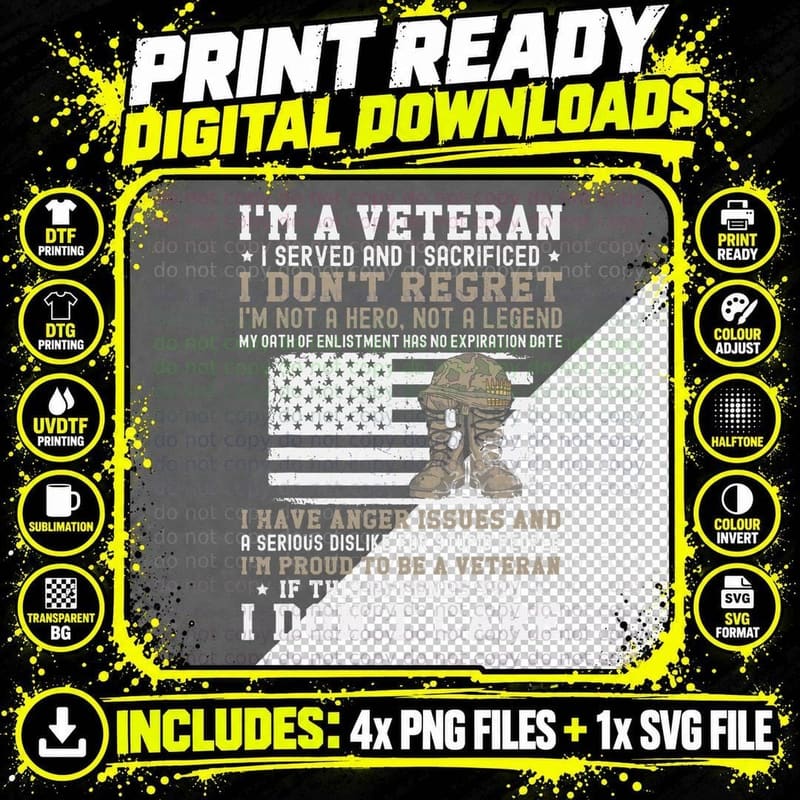 I'm a Veteran. I Don't Regret. I Have Anger Issue Png SVG Digital Bundle