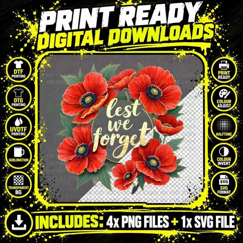 Lest We Forget Gold Flecks Poppies Remembrance Veterans Png SVG Digital Bundle