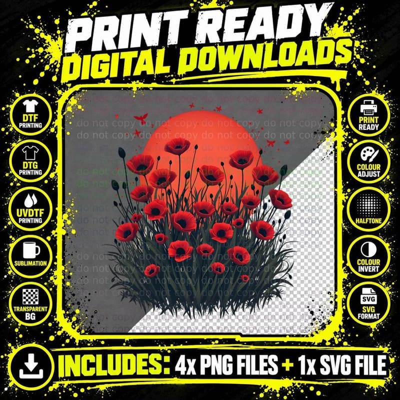 Lest We Forget Poppies Veterans Memorial Military Png SVG Digital Bundle