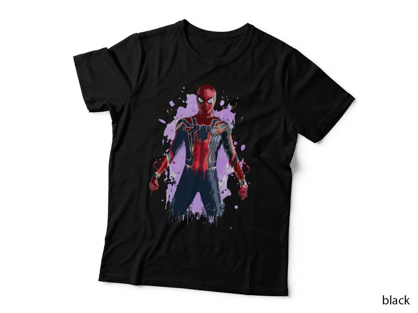 Masked Superhero Bust Red Navy Suit Paint Drip Splash Purple Background T-Shirt
