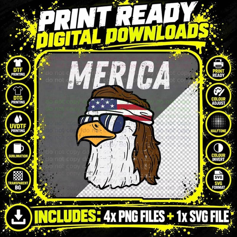 Merica Bald Eagle Mullet Sunglasses Fourth July 4th Png SVG Digital Bundle