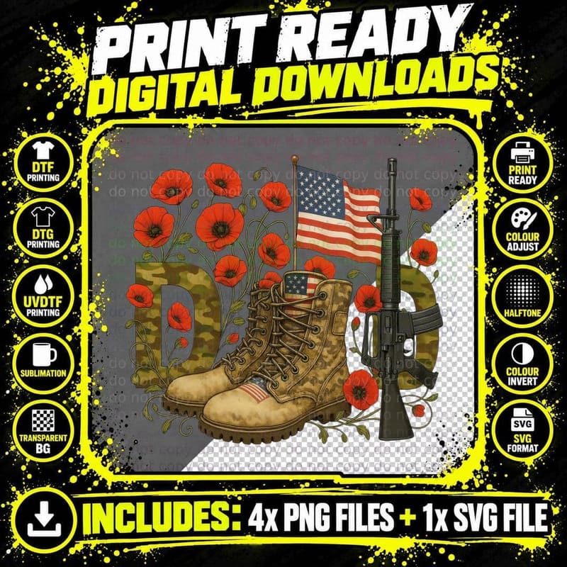 Military Boots Poppies Flag Rifle Fathers Day T-Shirt Png SVG Digital Bundle