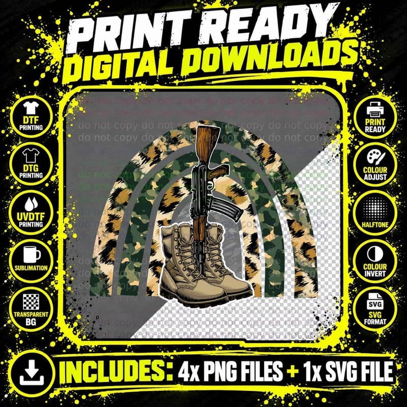 Military Boots and Rifle in Camouflage Patriotic T-Shirt Png SVG Digital Bundle