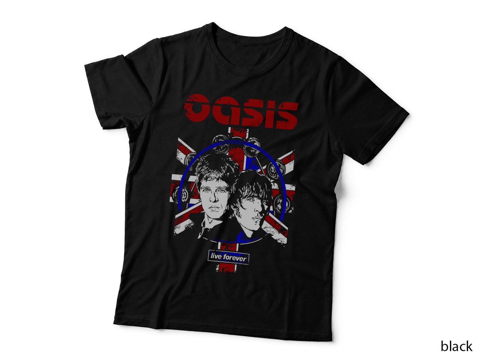 Oasis Live Forever Two Male Portraits Union Jack Flag Circle Red White T-Shirt