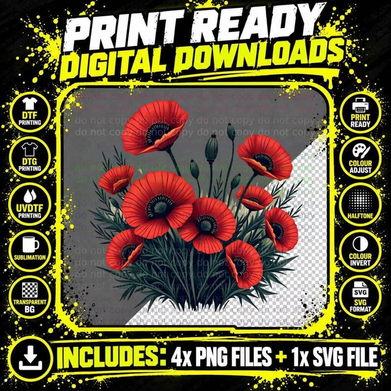 Poppies Veterans Remembrance Simple Graphic Memorial Png SVG Digital Bundle