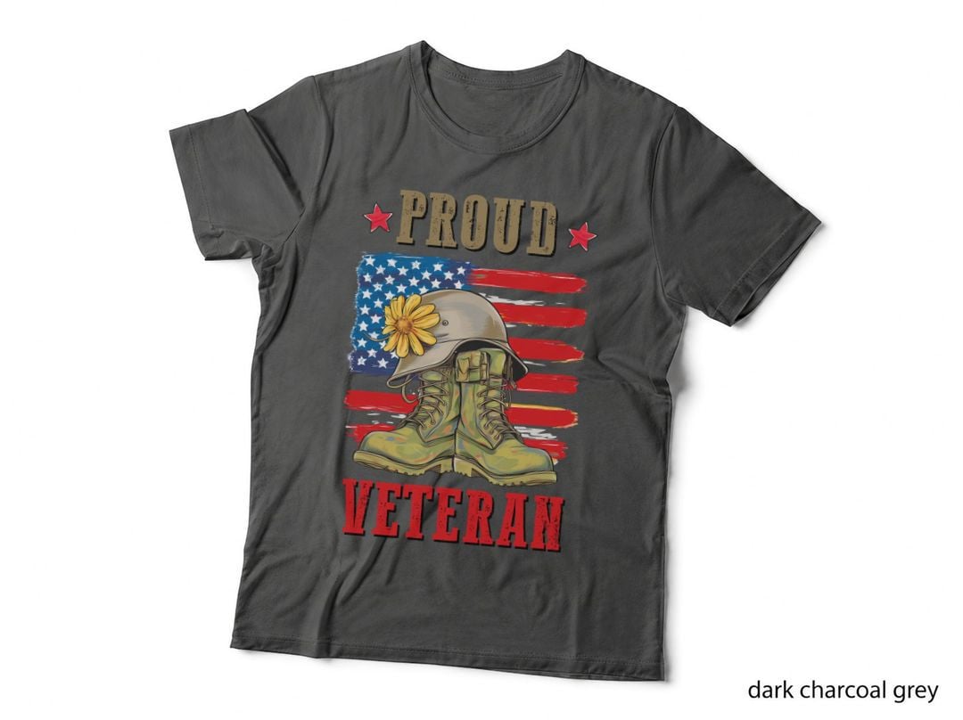 Proud Veteran Patriotic T-Shirt, Military Boots & Helmet with Flower Graphic
