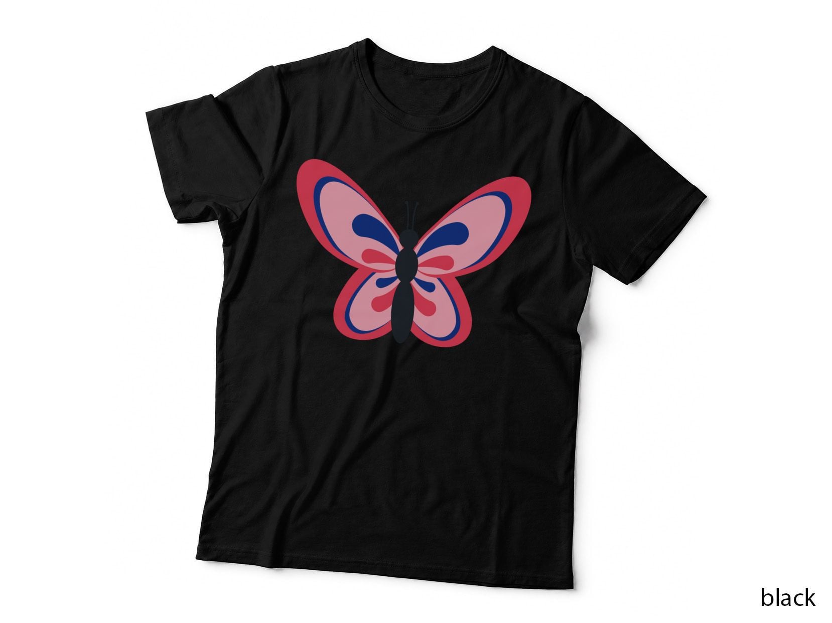 Red Pink Butterfly Navy Blue Striped Curved Pattern T-Shirt