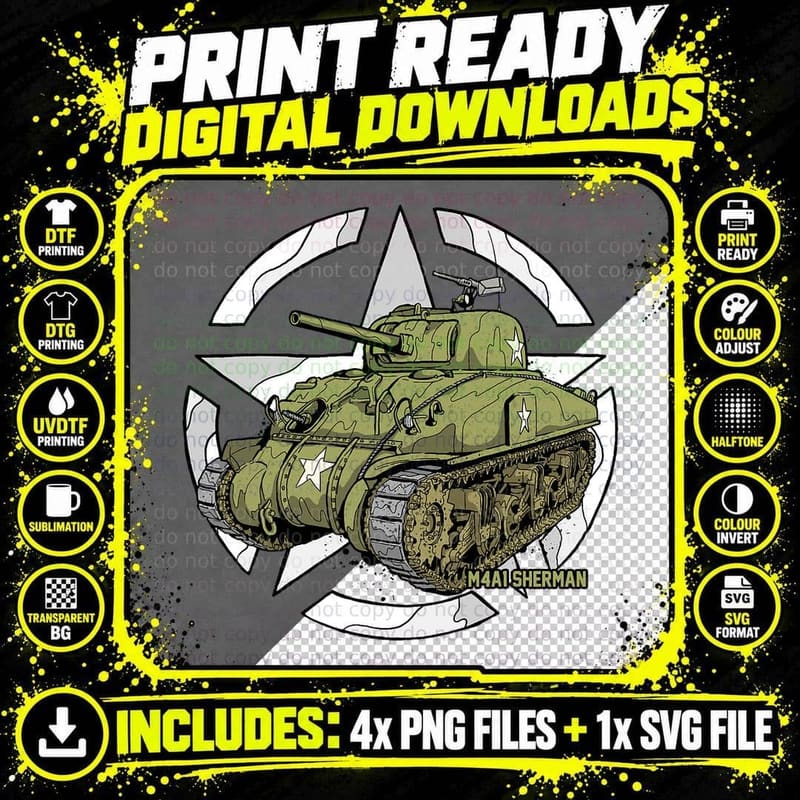 Sherman M4a1 WWII Army History Vintage T-Shirt Png SVG Digital Bundle