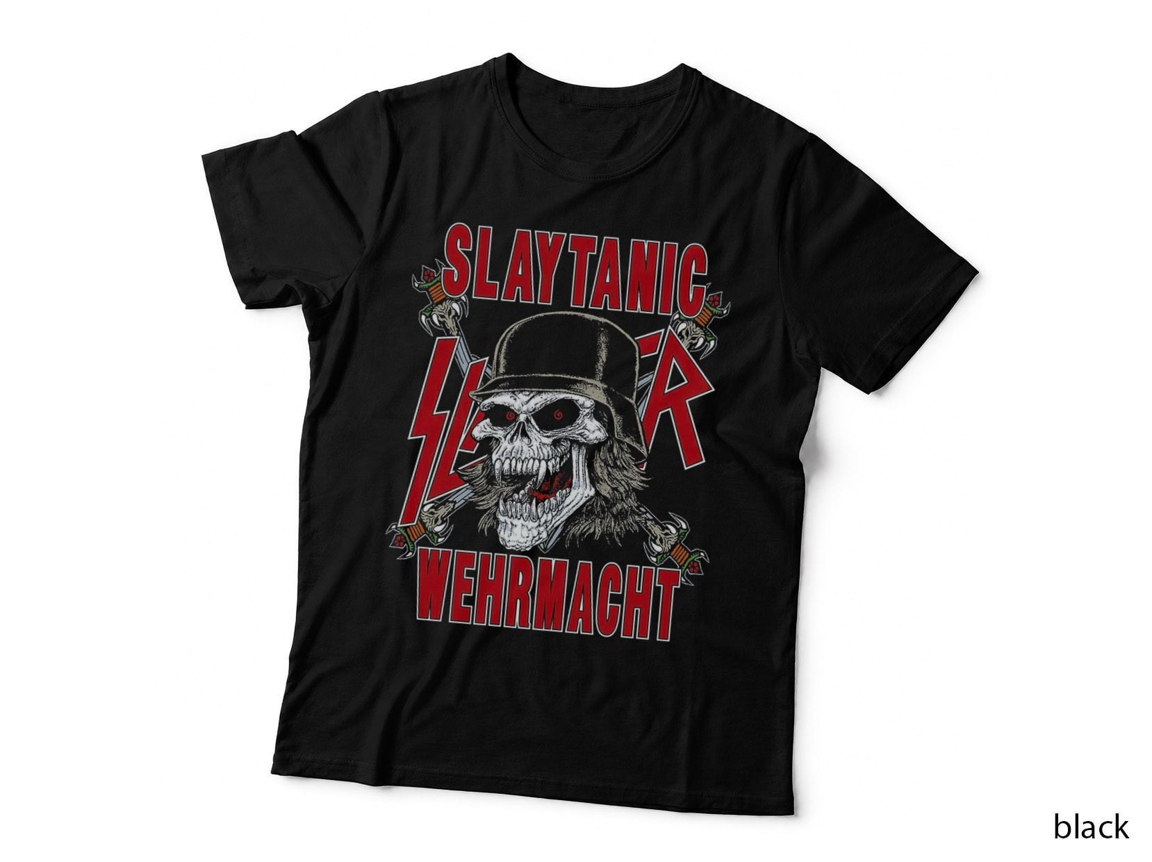 Slay Tanic Lick Wehrmacht Red Skull Soldier Helmet Military Death T-Shirt