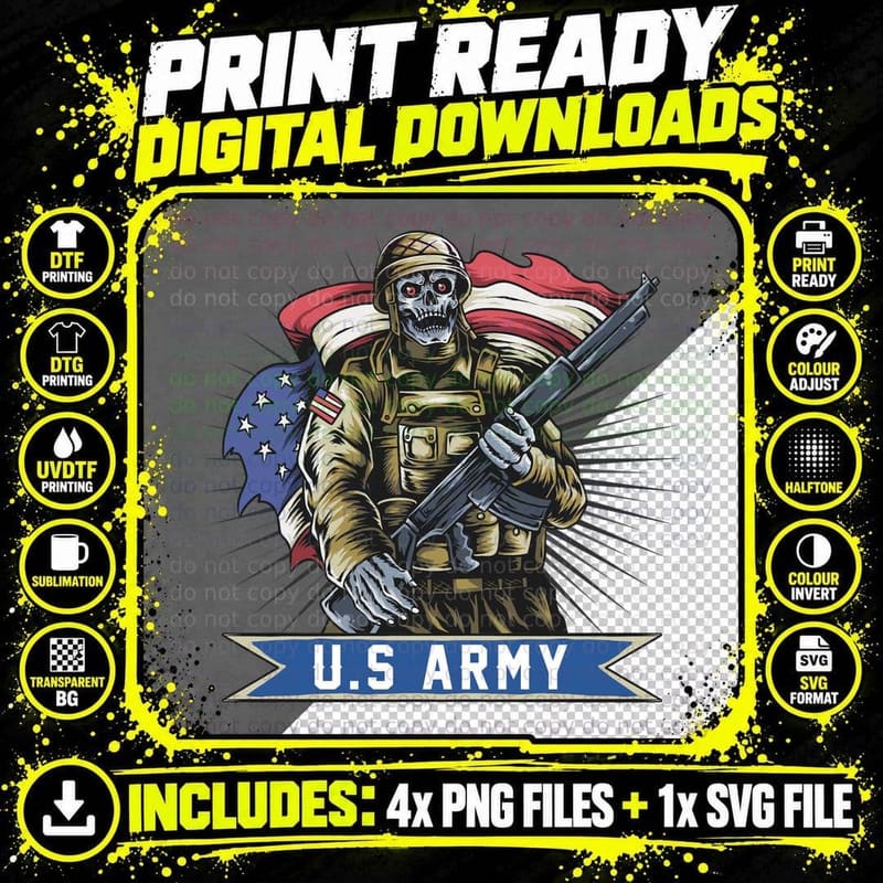 U.s Army Soldier Skull with Rifle Military Gear Uniform Png SVG Digital Bundle