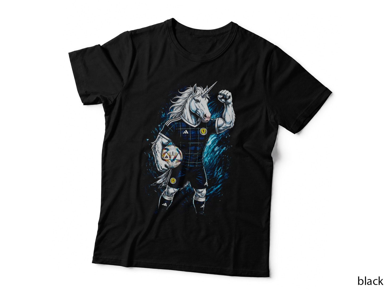 Unicorn Mascot Head Footballer Tartan Pattern Navy Jersey Fist Raised T-Shirt