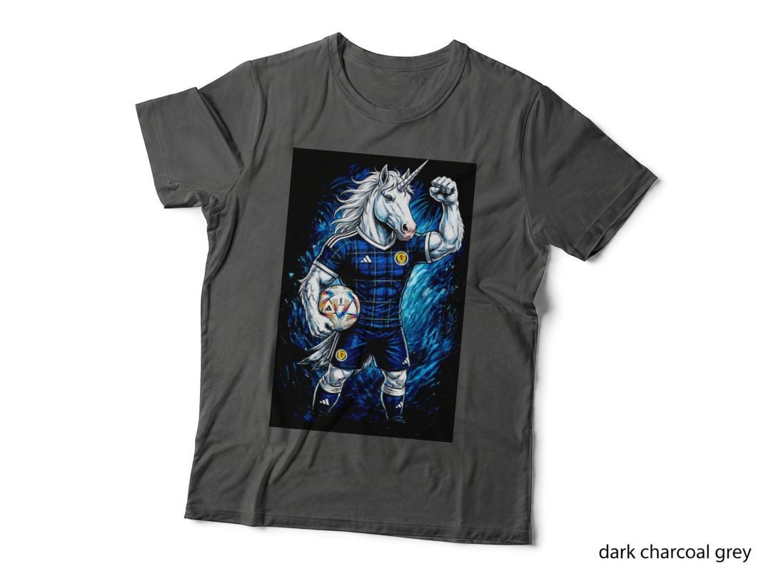 Unicorn Mascot Navy Tartan Scotland Jersey Fist Raised Holding T-Shirt