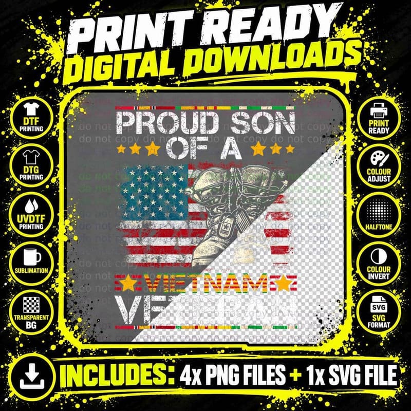 Vintage US Flag Proud Son of Vietnam Veteran Men Women Png SVG Digital Bundle
