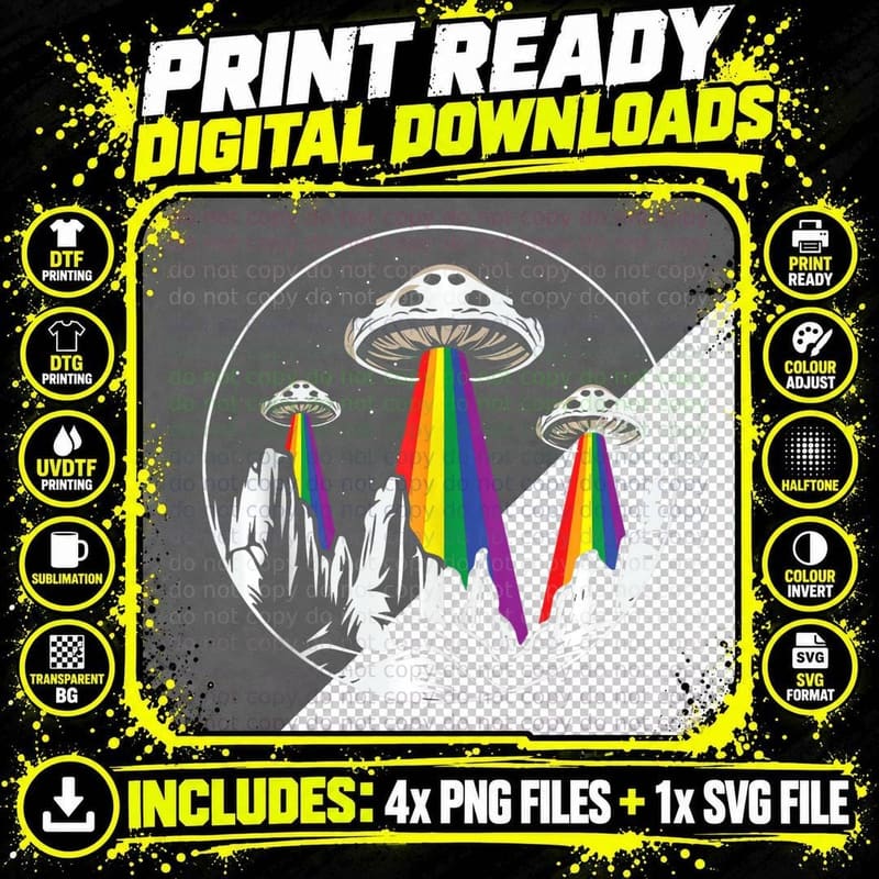 Alien Mushroom Abduction Rainbow Beam Mountains LGBTQ Png SVG Digital Bundle